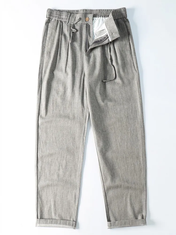 ฤดูร้อนทุกวัน Mens Retro Casual ผ้าลินินกางเกงเอวยางยืดขาตรงความยาวเต็มกางเกง Cool Breathable แฟชั่นกางเกงยาว