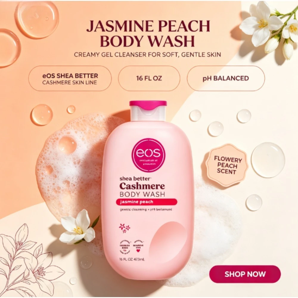 Gel de baño cremoso de jazmín y melocotón de 16 onzas líquidas, línea eos Shea Better Cashmere Skin