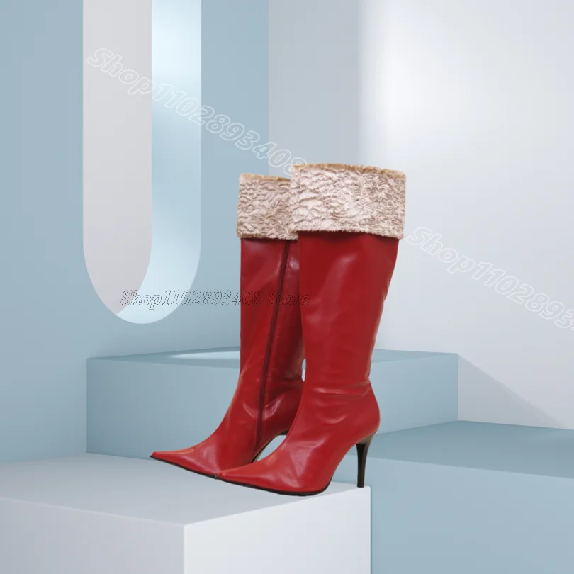 Schwarz Pelz Dekor Spleißen Stiefel Spitz Seite Zipper Britischen Stil Frauen Elegante Frühling Party Stiefel 2025, Zapatos Para Mujere