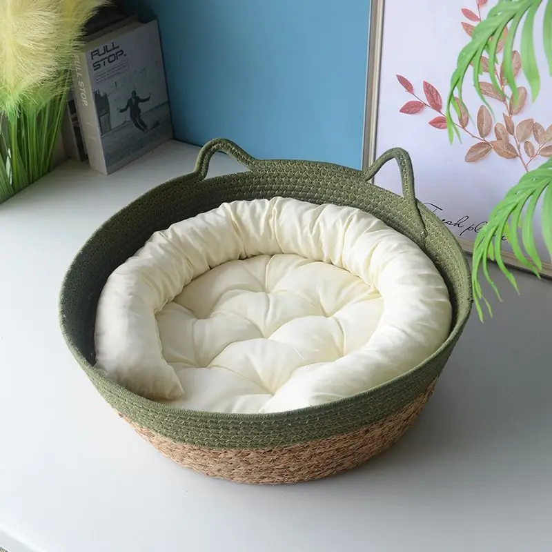 OUZEY Rattan Woven Pet Cat Bed With Cushion Soft Warm Comfortable Sleeping Basket For Cats Four Seasons Puppy Kitten Bed