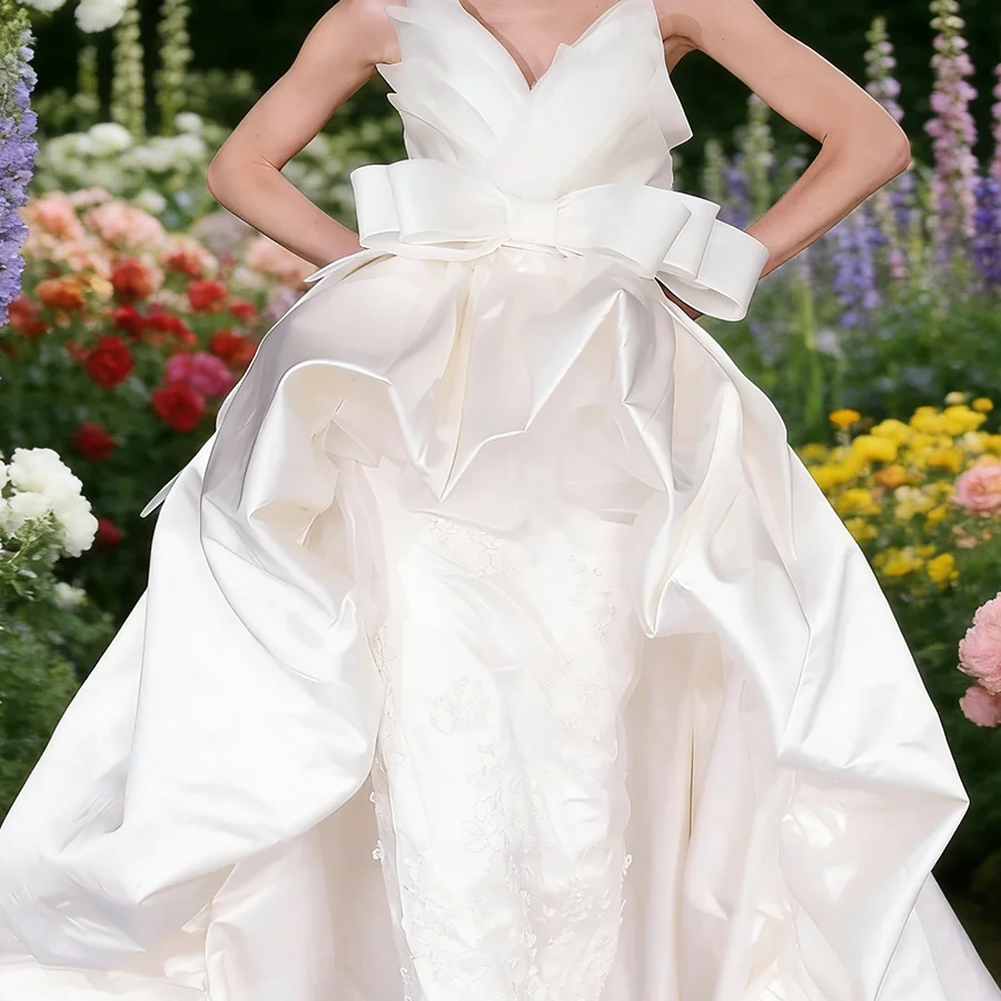 Elegant V-Neck Sleeveless Sashes Bow Ruffles Floor Length Bride Wedding Dresses Bridal Gowns Customized