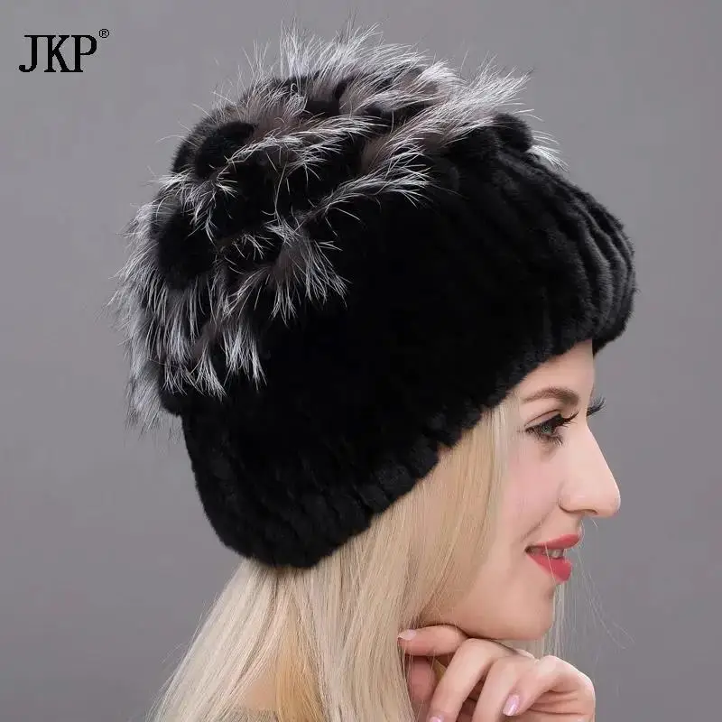 New Women Rabbit Fur Hat Fur Fox Sewing Flower Head Straps Cap Hat Russian Rabbit Fur Women's Fashion Hats THY17-05
