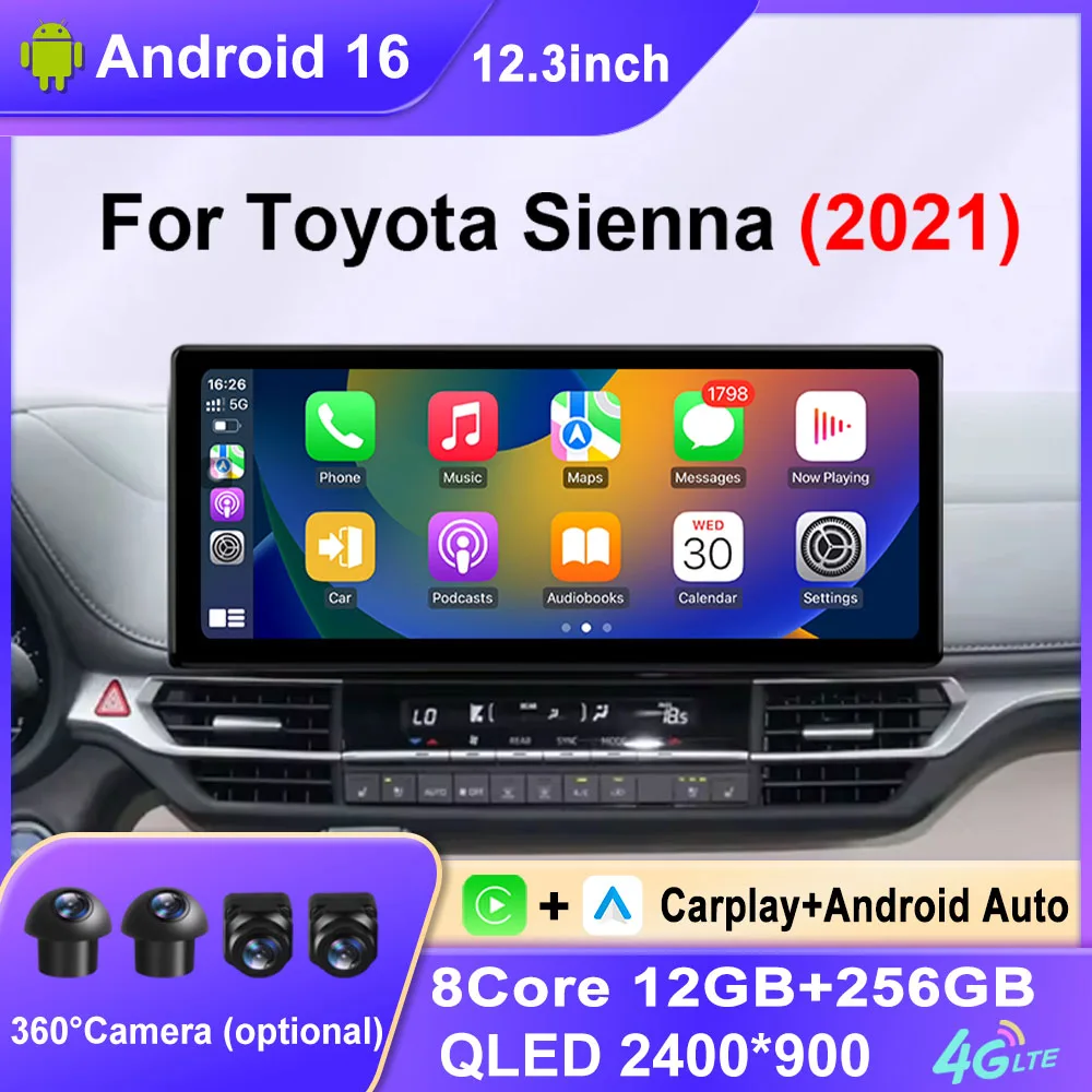 12.3 inch Android 16 For Toyota Sienna 2021 Car Screen Audio Radio Multimedia Player Auto GPS Navigation WIFI Head Unit Carplay