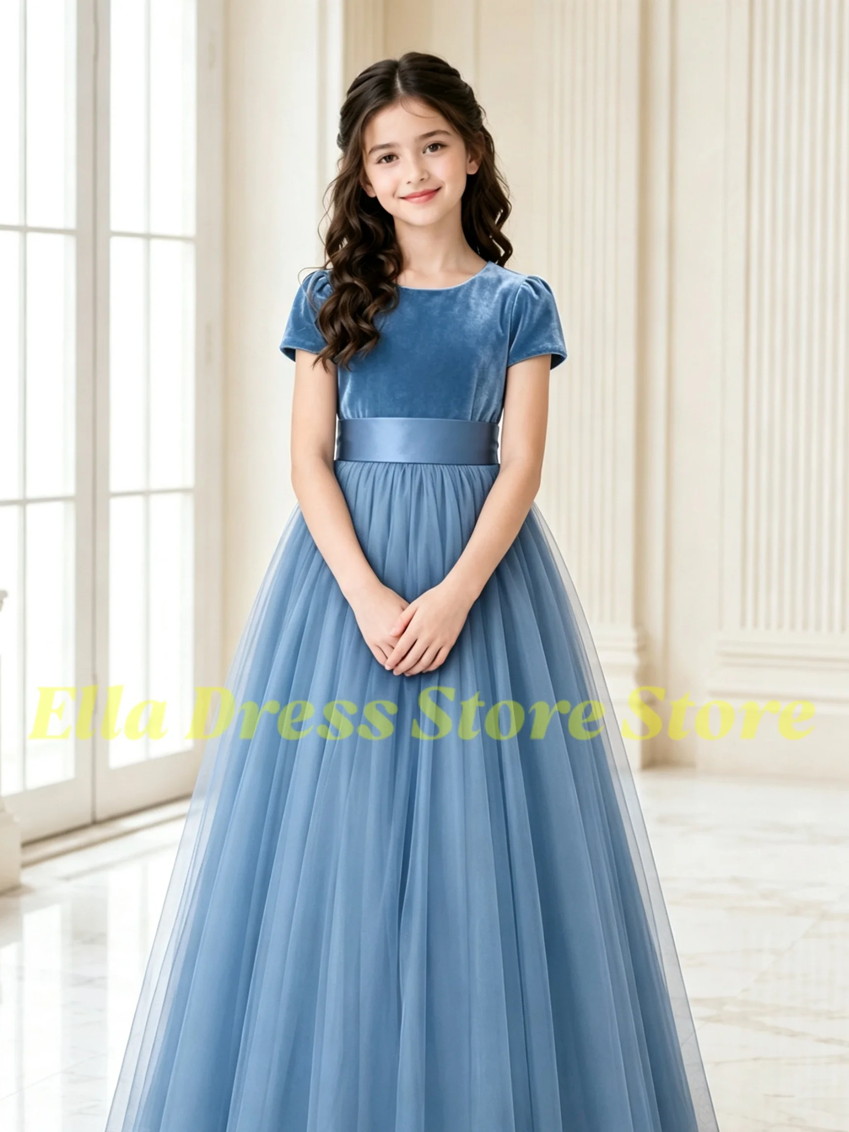 Maßgeschneidertes Blumenmädchenkleid für Hochzeiten, Kurzarm, Hohe Taille, Bodenlang, Elegantes Kinder-Geburtstagskleid, Erstkommunionkleid – Detail 4