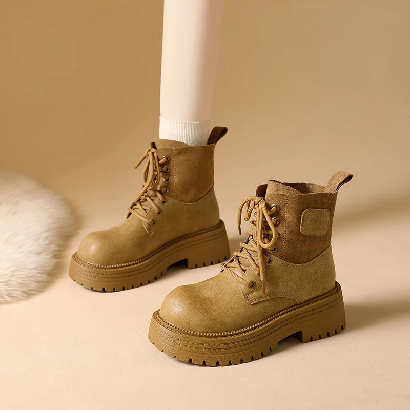 

CRLAYDK Women's Combat Boots Lace Up Ankle Platform Lug Sole Booties Chunky Block Low Heel Short Botas Leather Outdoor Shoes