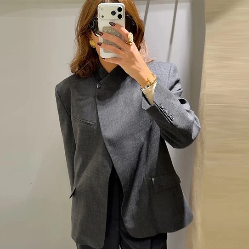 Women's Jacket 2025 Fall New Arrivals Gray Long Sleeve Pocket-Decorated Stand Collar Blazer Commuter Fashion Casual and Stylish