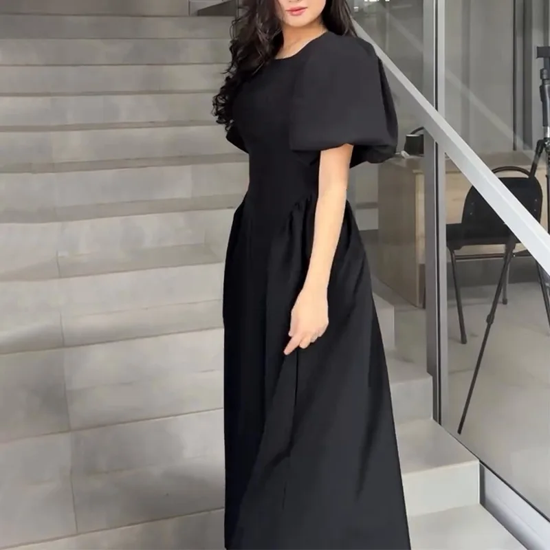 Frauen Kleider O Hals Hohe Taille Kleid Knöchel Länge Solide Vestidos Puff Sleeve Lose Fit Casual 2025, Herbst Leichte Strech