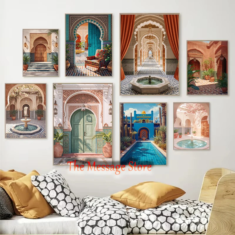 Cuadro Decorativo en Lienzo con Diseño de Arco Ornamental de Puerta de Madera, Estilo Tradicional Marroquí, Arquitectura de Riad de Marrakech