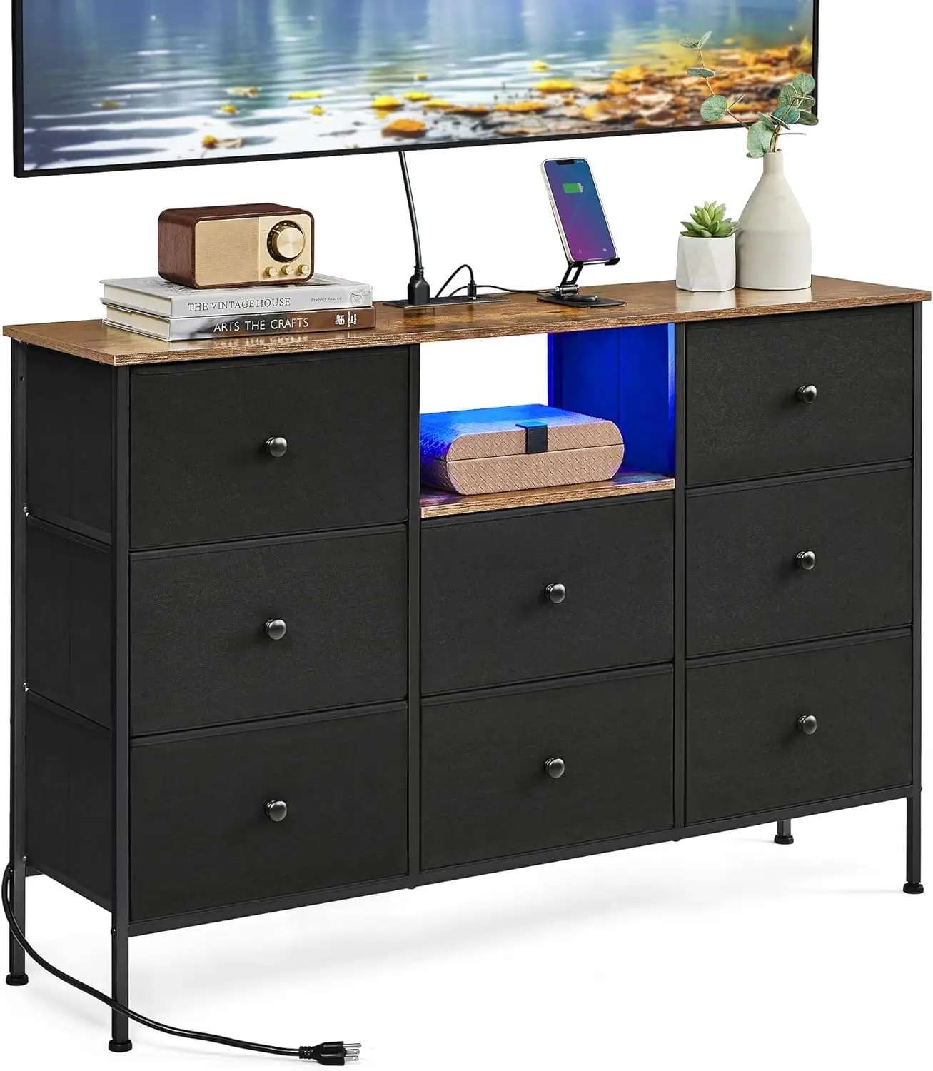 

Fabric Dresser with LED Lights & Power Outlets, TV Stand for 60" TVs, 25 Colors, Black-Brown