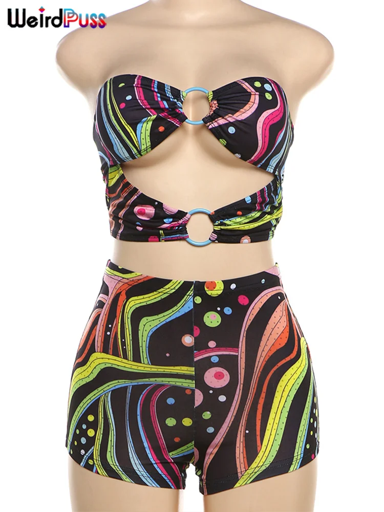 Weird Puss Colorful Print Women 2 Piece Set Hipster Hollow Cirque Strapless Tops+Shorts Matching Streetwear Stretch Summer Suits