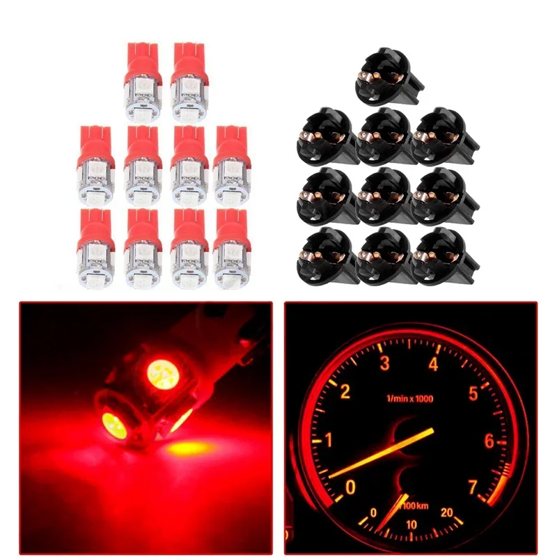 10X Universal Red T10 168 194 Car LED Bulbs Instrument Gauge Cluster Dash Light W/ Sockets Car Auto Interior Accessories