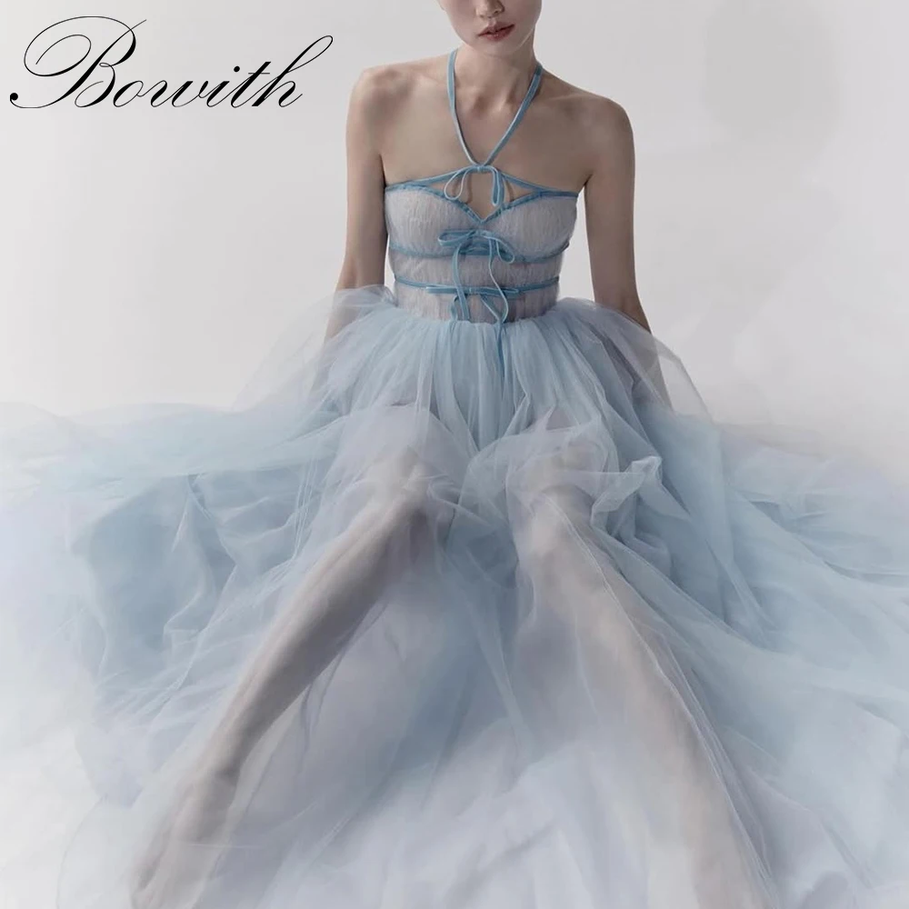 

Bowith Korean Prom Dresses Halter Sweetheart Blue Korean Evening Dresses Soft Tulle Party Dresses Customized Wedding Dresses