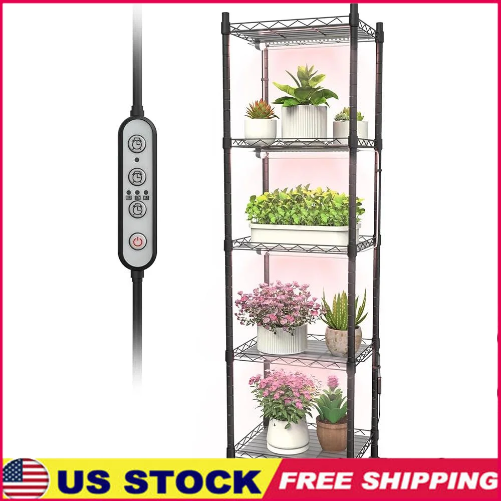 

5-Tier Metal Plant Stand with Full Spectrum Grow Lights Auto Timer Indoor Plant Shelf with Water Leakage Protection Hydroponics