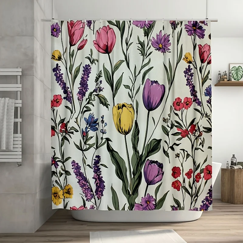 防水花柄植物柄シャワーカーテン大型バスルーム装飾壁紙プリント春スタイル-180x180cm