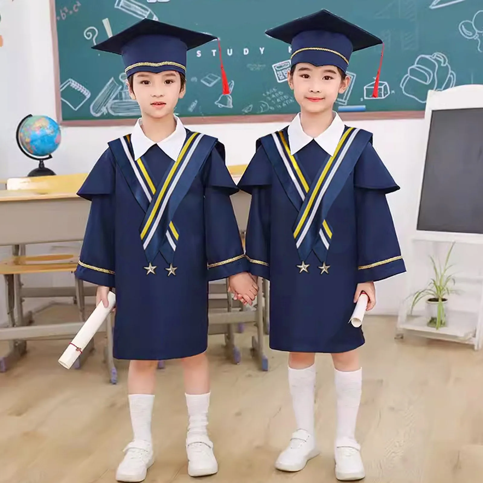 Graduation Uniform Gown Cap 2025 Graduation Bachelor Costume 3T,4T,5T,6T,7T,8T,12TGraduation Ceremony Stage Performance Gown Hat