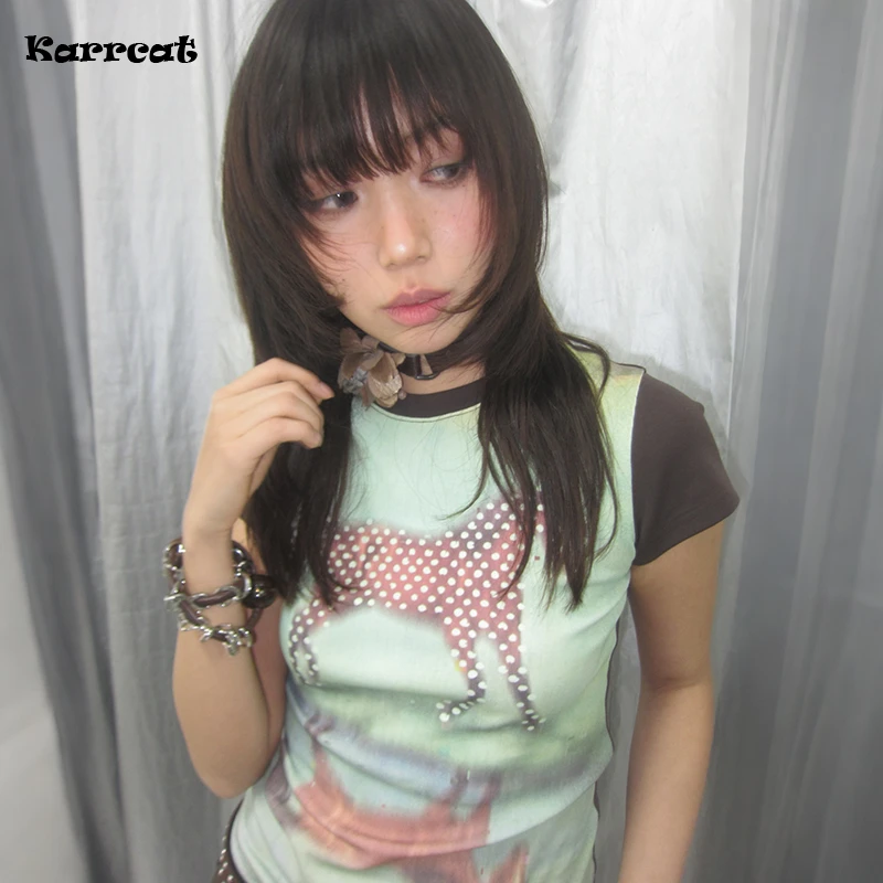 Karrcat Trashy Y2k Horse Print T-shirt Grunge Aesthetics Short Sleeve Patchwork Tops Vintage 2000s Streetwear American Retro 90s