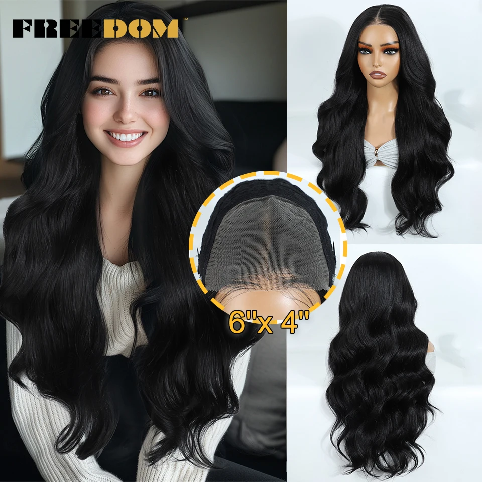 

FREEDOM Synthetic Lace Front Wigs For Black Woman Long Body Wave Wear and Go Glueless Wig Ombre 6x4 Pre Plucked Pre Cut Lace Wig