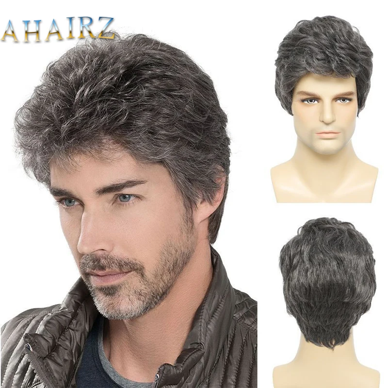 Synthetic Short Curly Gray Wig For Men Daily Party Wear Breathable Fake Hair Heat Resistant