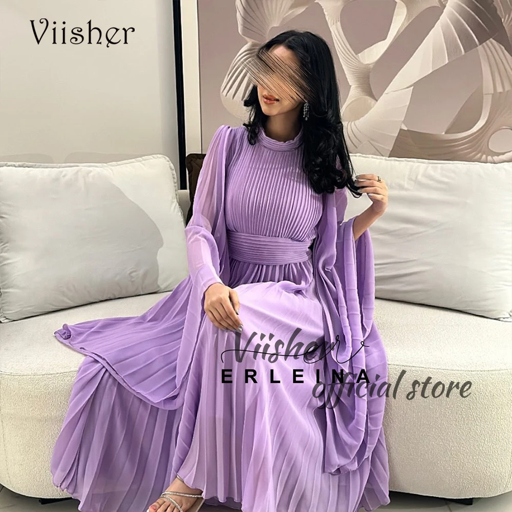 

Lavender Chiffon Mermaid Evening Dresses Long Sleeve High Neck Formal Prom Dress Arabian Dubai Evening Gowns 2024