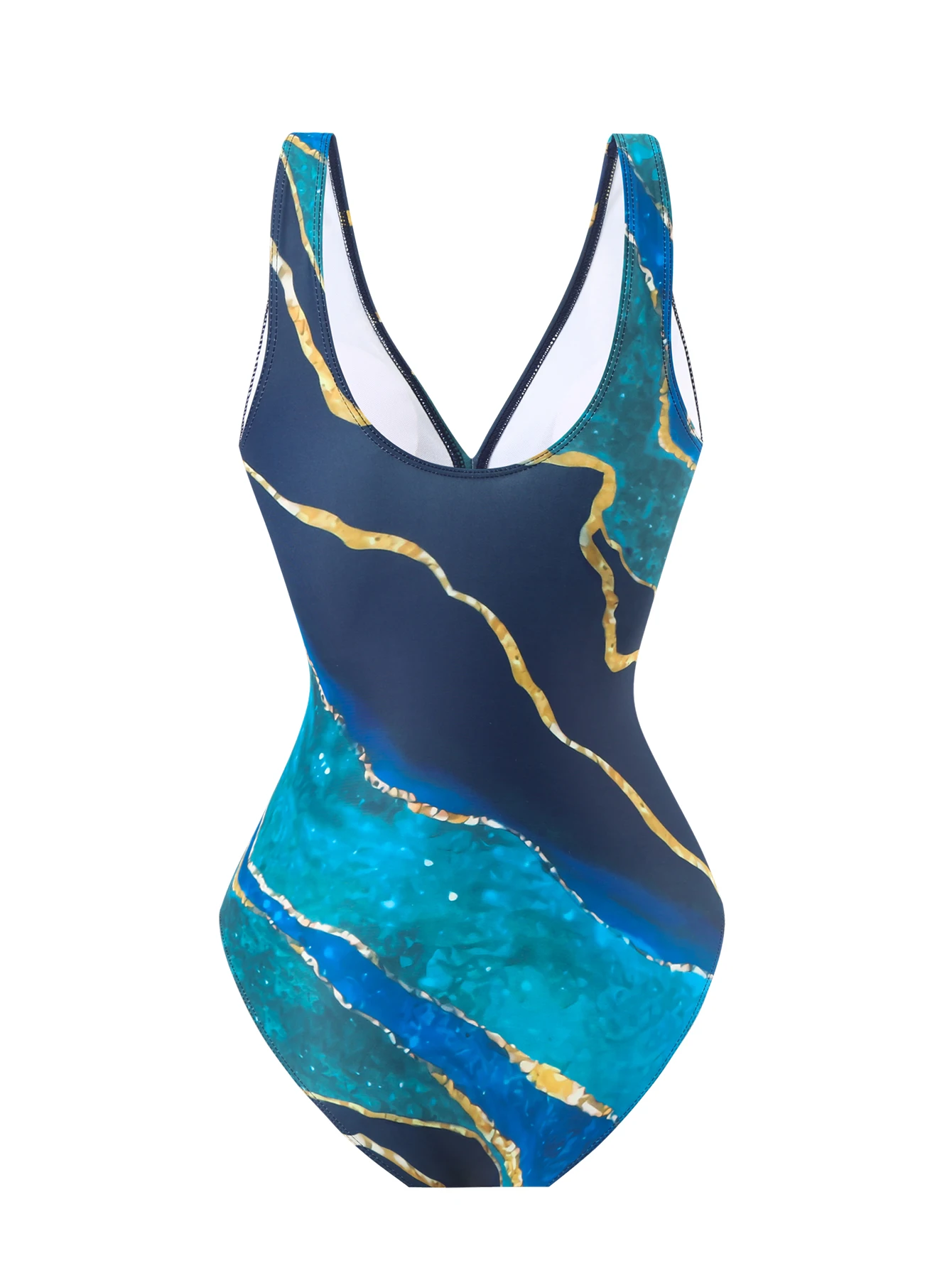 Women's One-Piece Swimsuit Two-Piece Set, Beach Vacation, Hot-Selling Blue Marble Pattern, with Mesh Skirt view 3