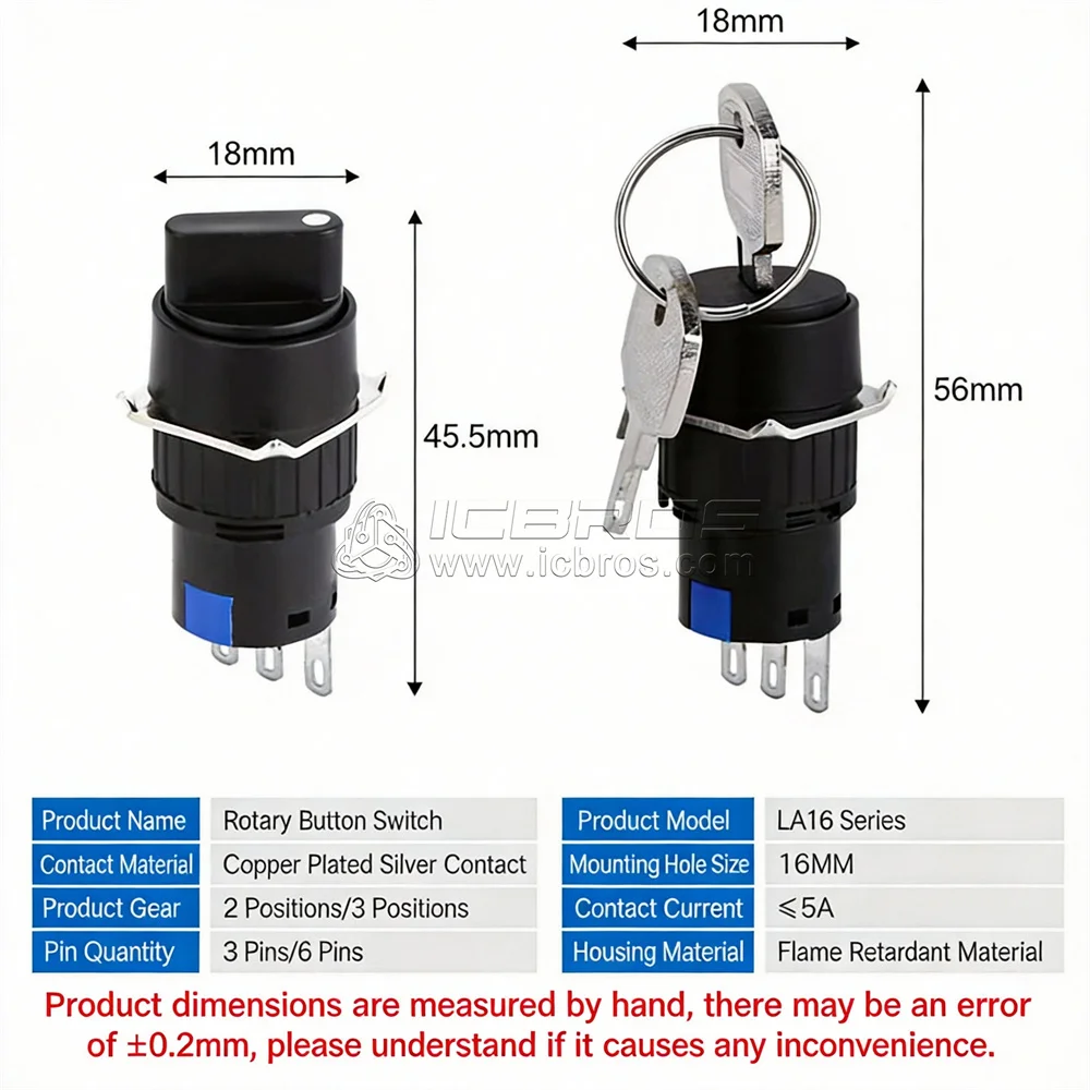 5pcs LA16-11Y/21 16MM hole button switch 3-pin 6-pin two gear three gear Self-Locking Opening 16Mm 3-Pin with key switch