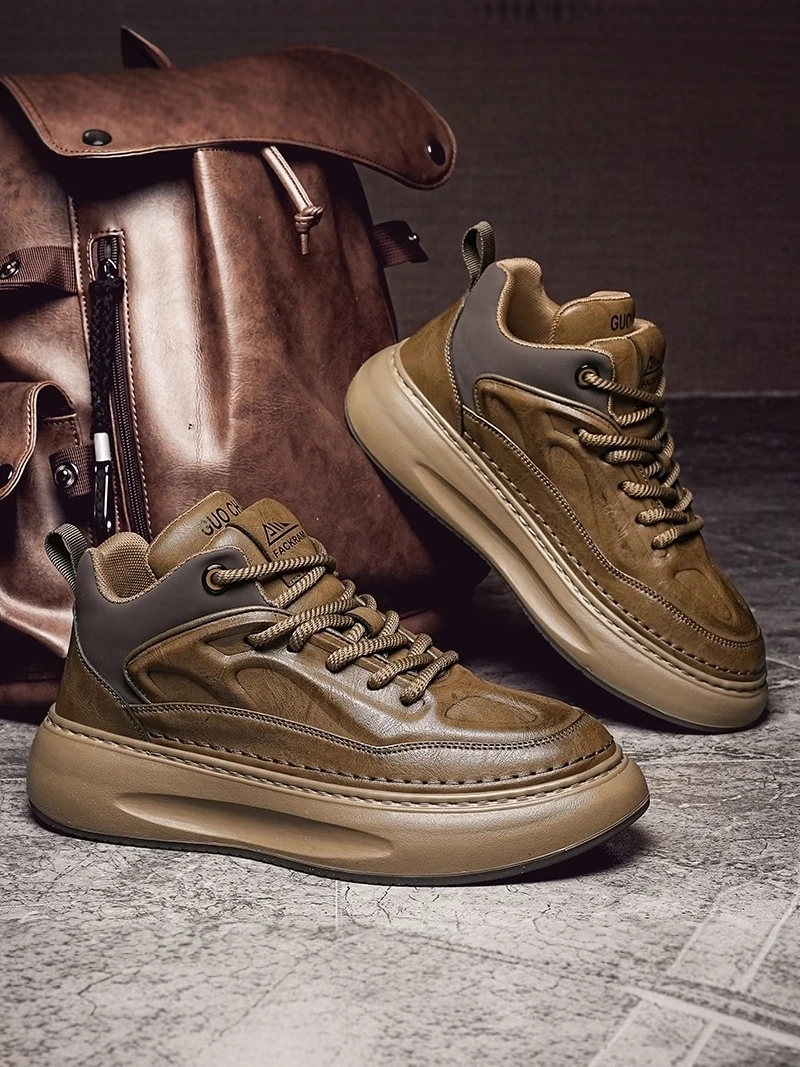 Men's High-Top Casual Shoes Wear-Resistant Non-Slip Winter Boots Versatile Leisure Motorcycle Work Leather Shoes