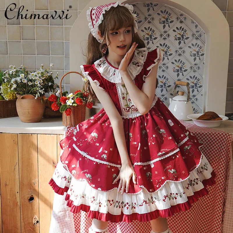 Original Cute Strawberry Lolita Dress Spring and Summer New Sweet Girl Womens Kawaii High Waist Loose Elegant Ladies Jsk Dresses