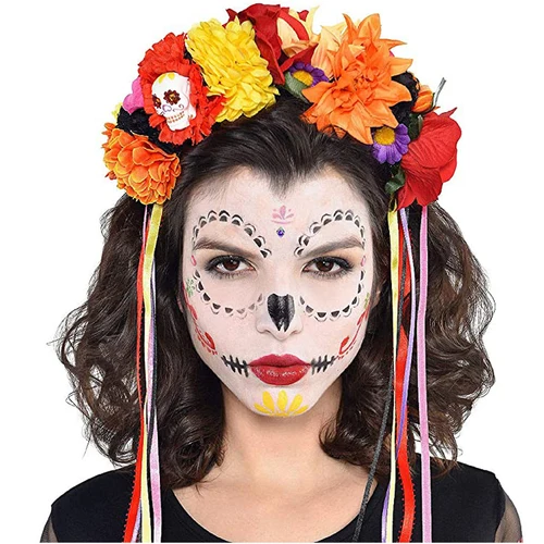 Imagen 2 del producto Diadema de corona de flor mexicana para fiesta de Halloween, disfraz de Dia de los muertos, tocado
