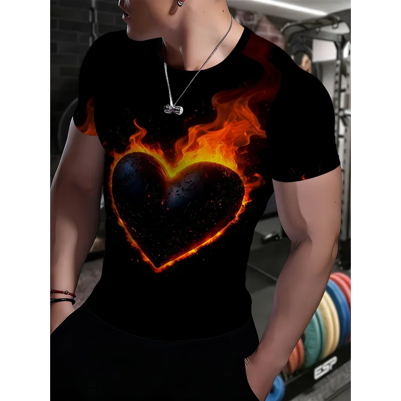 Men's round-neck t-shirt with a flame and heart print suitable for fitness and sportsTShirt Top