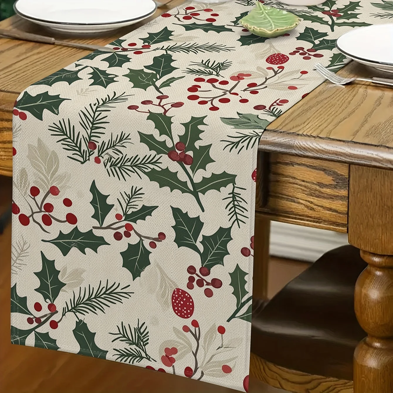 Christmas Holly Pine Needle Linen Table Runner Party Decor Winter Holiday Kitchen Dining Table Runner Christmas Decorations