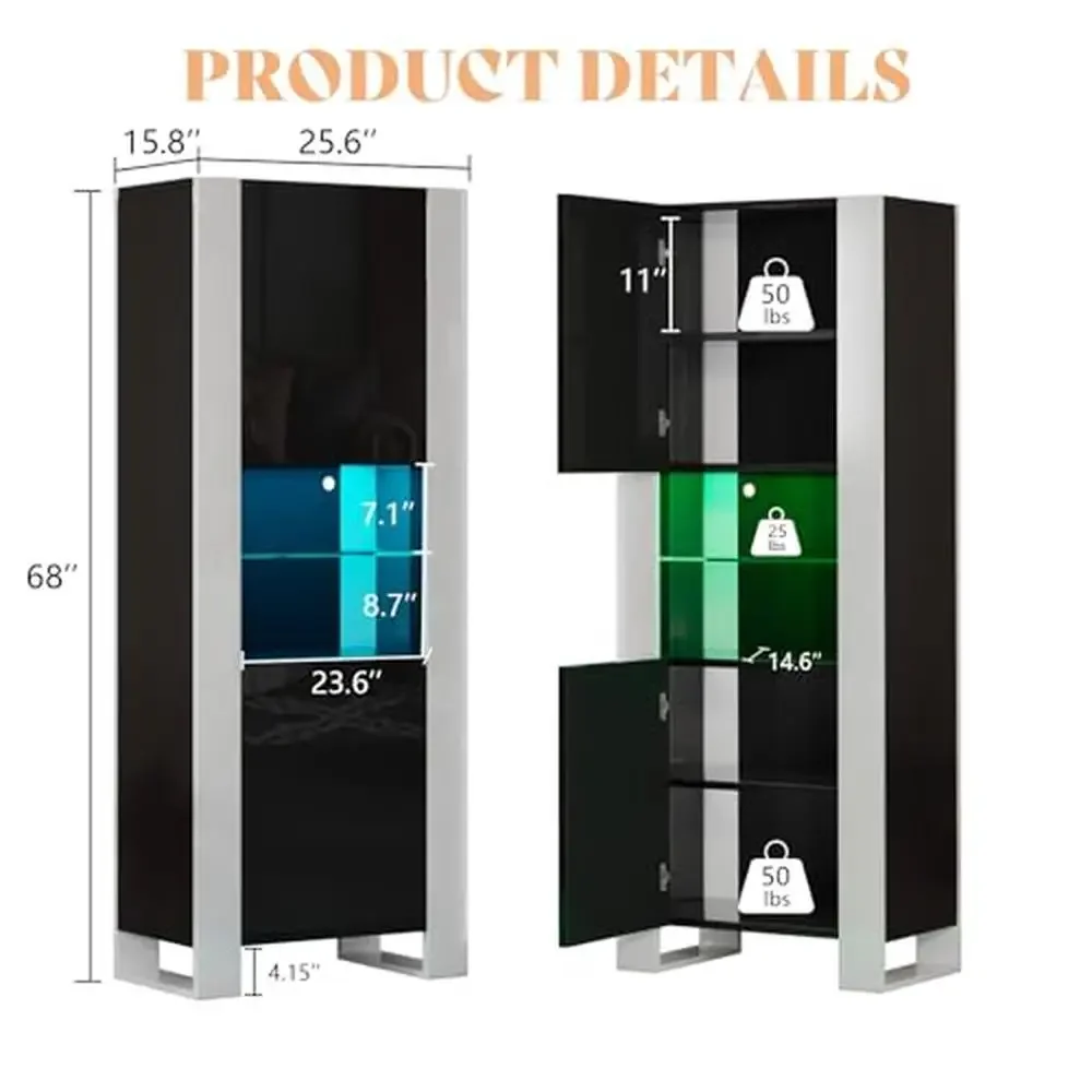 Modern LED Bookcase Storage Cabinet 6 Tier Adjustable Shelves High Gloss Display Case Living{lng}