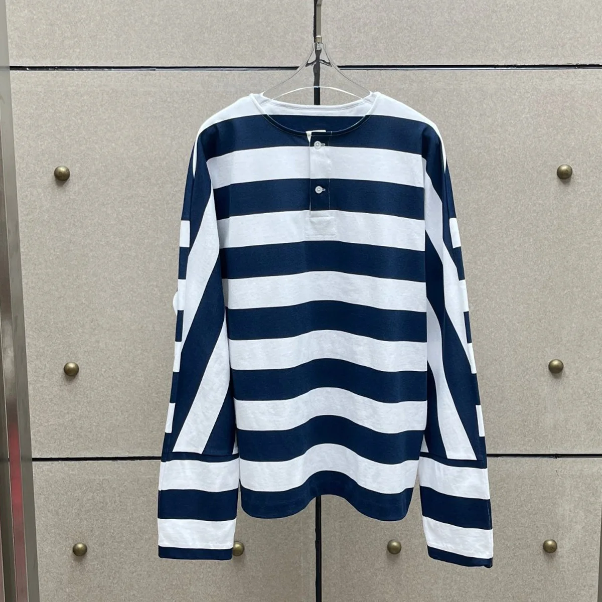 High Quality Women Striped Long Sleeve T Shirt, Henley Neck 2 Buttons Loose Casual Top