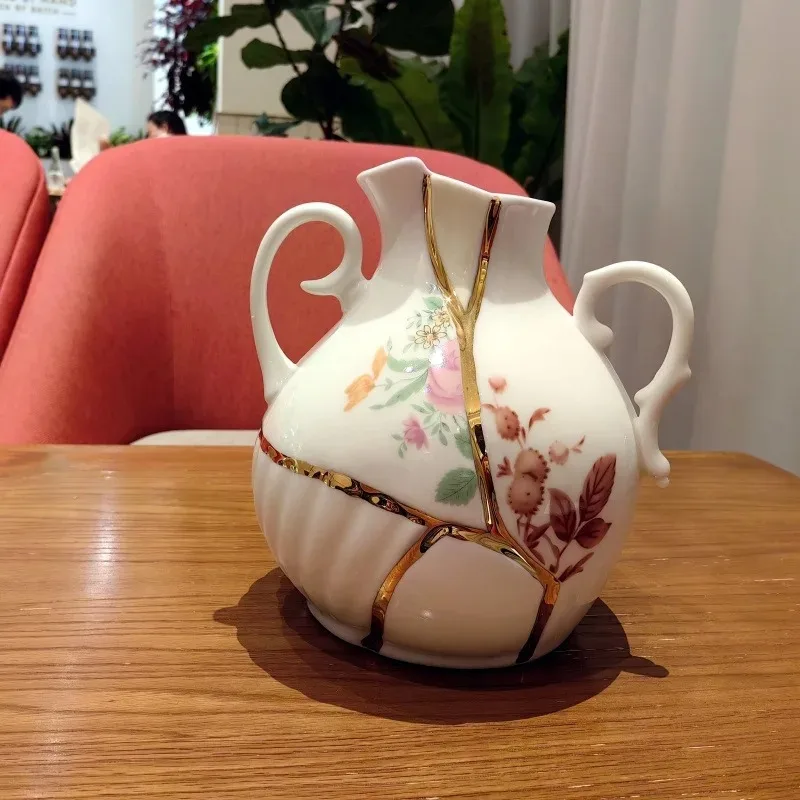 

White splicing ceramic vase 24K gold medieval light luxury dining table creative gift insert hydroponic flower height device