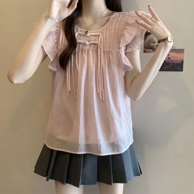 Sweet Flying Sleeve Shirt Stylish Chinese Disc Buckle Folds Female Clothing Casual O-Neck 2024 Summer Basic Loose Vintage Blouse