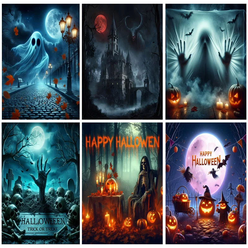 

Happy Halloween Party Backdrop Full Moon Scary Night Castle Graveyard Forest Bats Pumpkin Lantern Photography Background JS-3