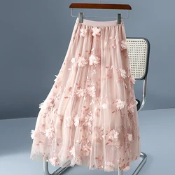 2024 New Spring Summer Women High Waist Slim Long Skirt High Quality Embroidery Sweet 3D Flowers Mesh Tulle Skirt Streetwear