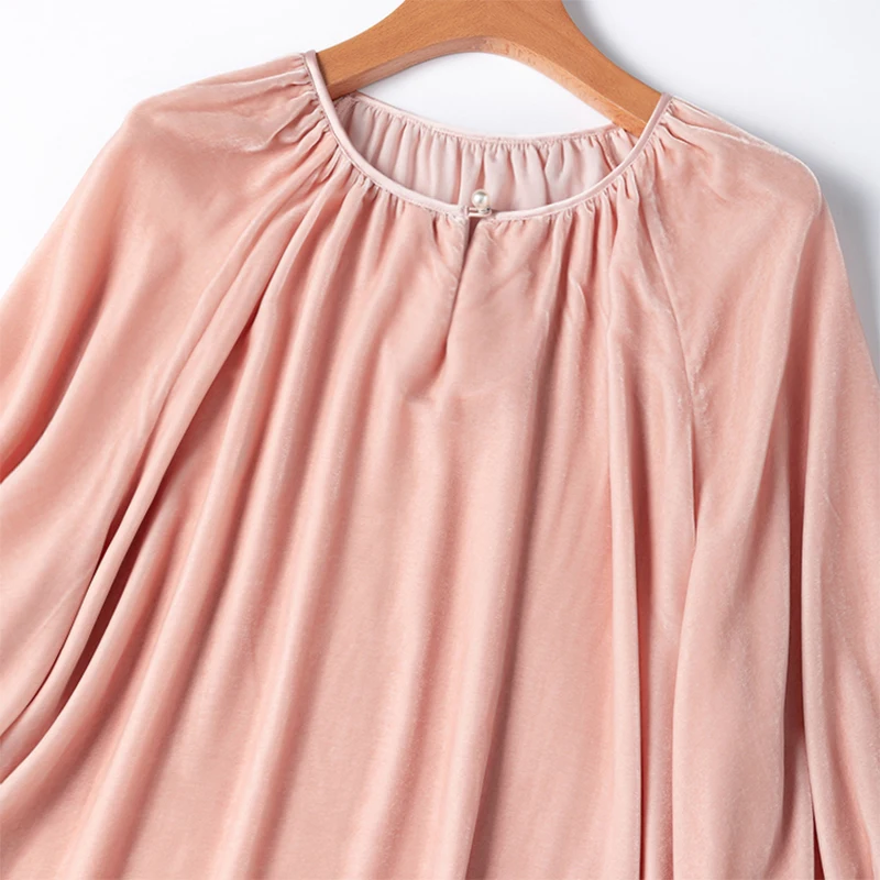 Women Silk Velvet Blouse 100% Mulberry Silk Lining Pink V Neck Shirt Top Pullover Loose Type Lantern Sleeve Office Lady M1224