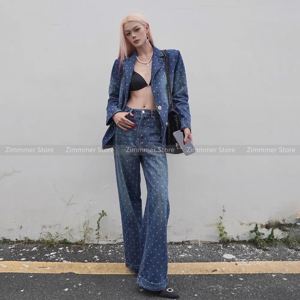 

Premium sense of fall and winter fashionable loose versatile printed denim straight wide-leg pants