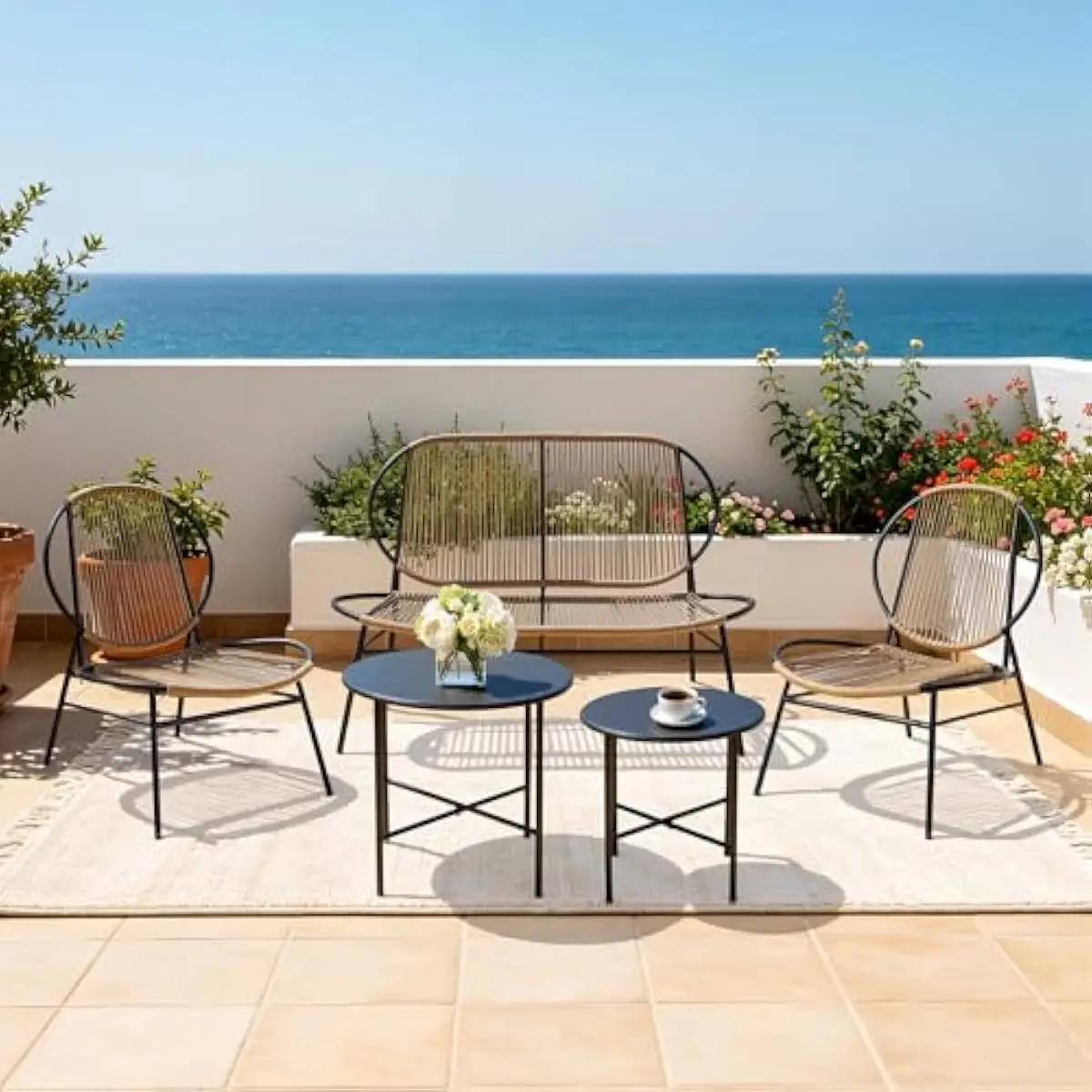 5-piece modern outdoor rattan furniture set with natural wood finish includes sofa chairs coffee table cushions all-weather PE w