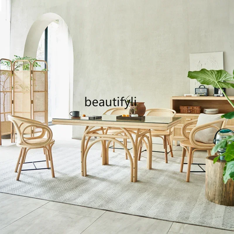 P178 Table à manger entièrement en rotin Tables à manger et chaises tissées en rotin ensemble hôtel Restaurant Table à manger rectangulaire Villa