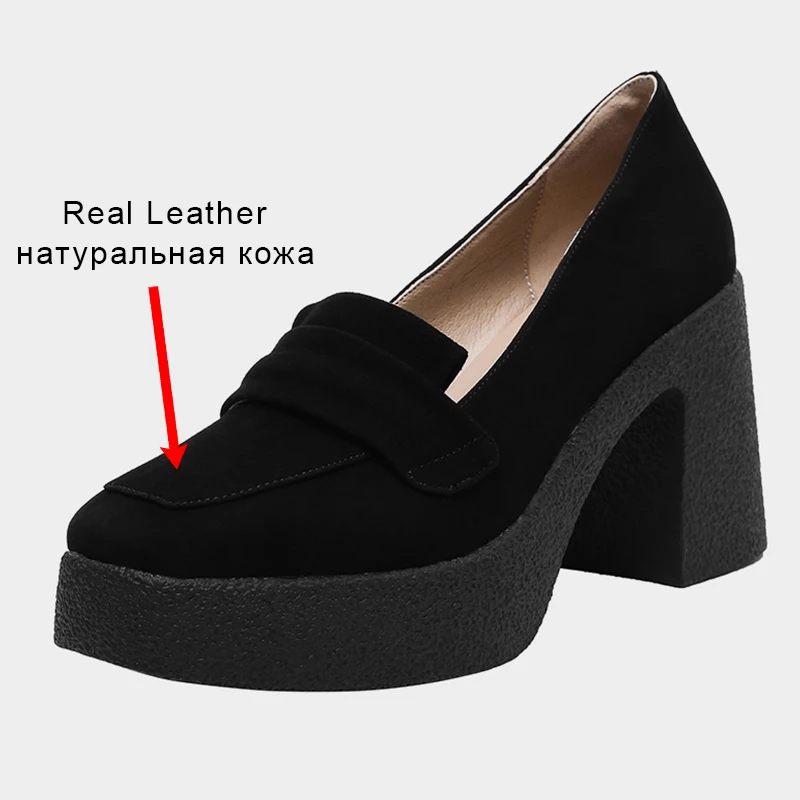 JOZHAMTA Size 34-39 Women Pumps Real Leather 2023 Spring Chunky Loafers Platform Shoes High Heels Women Fashion Ladies Footwear