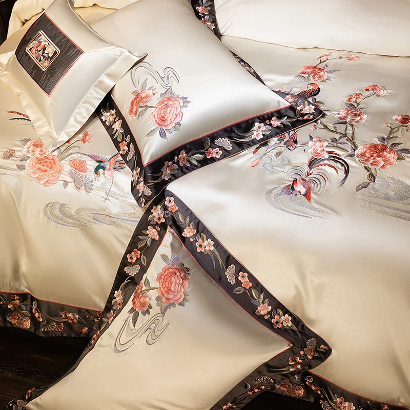 4/6/9Pcs Champagne Flowers Embroidery Luxury Bedding Set Satin Brocade Egyptian Cotton Duvet Cover Set Bed Sheet Pillowcases