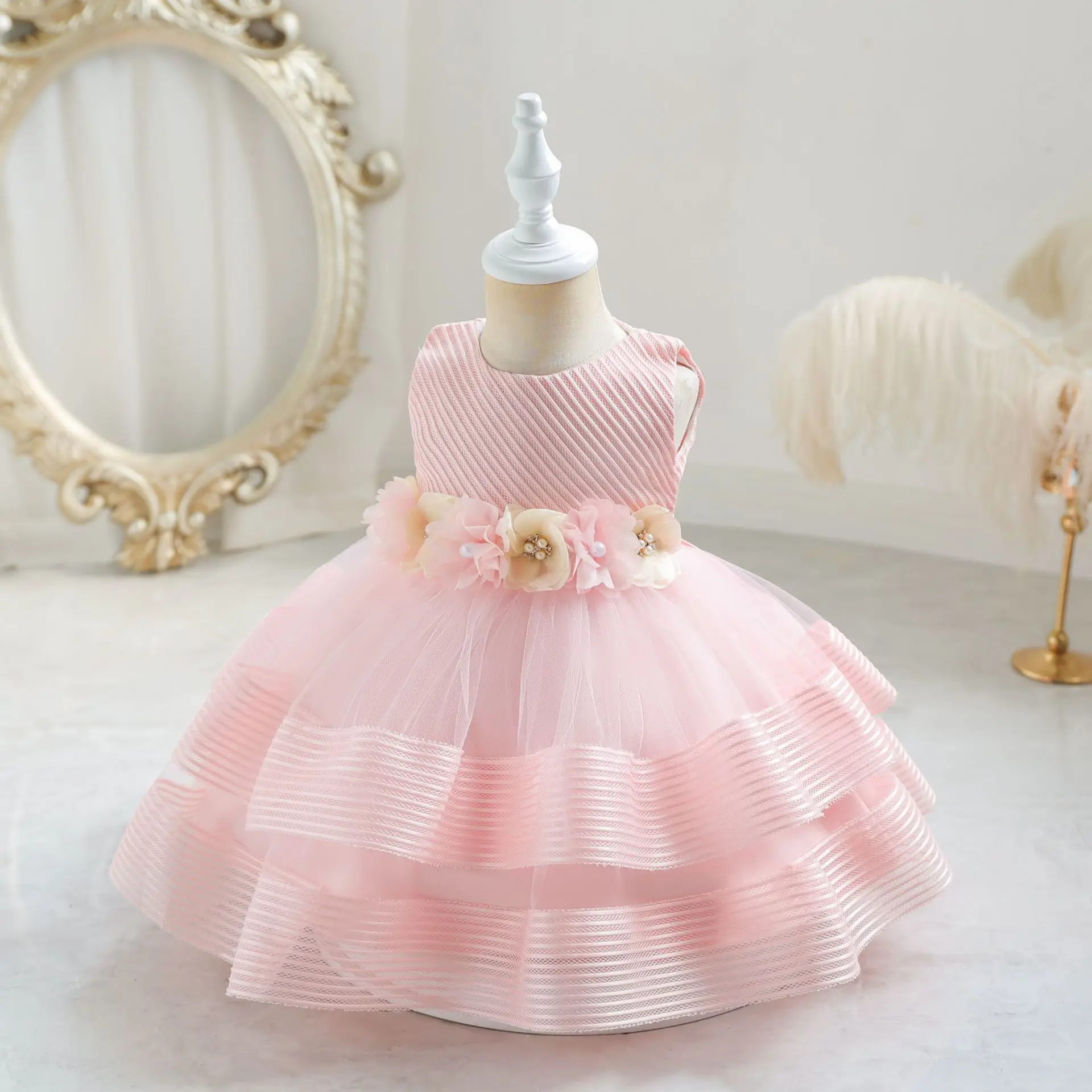 Princess Girl Kid\'s Dress Flower Bowknot Mesh Layered Baby Party Dresses Striped White Sleeveless Toddler Frocks 0 To 24 Months