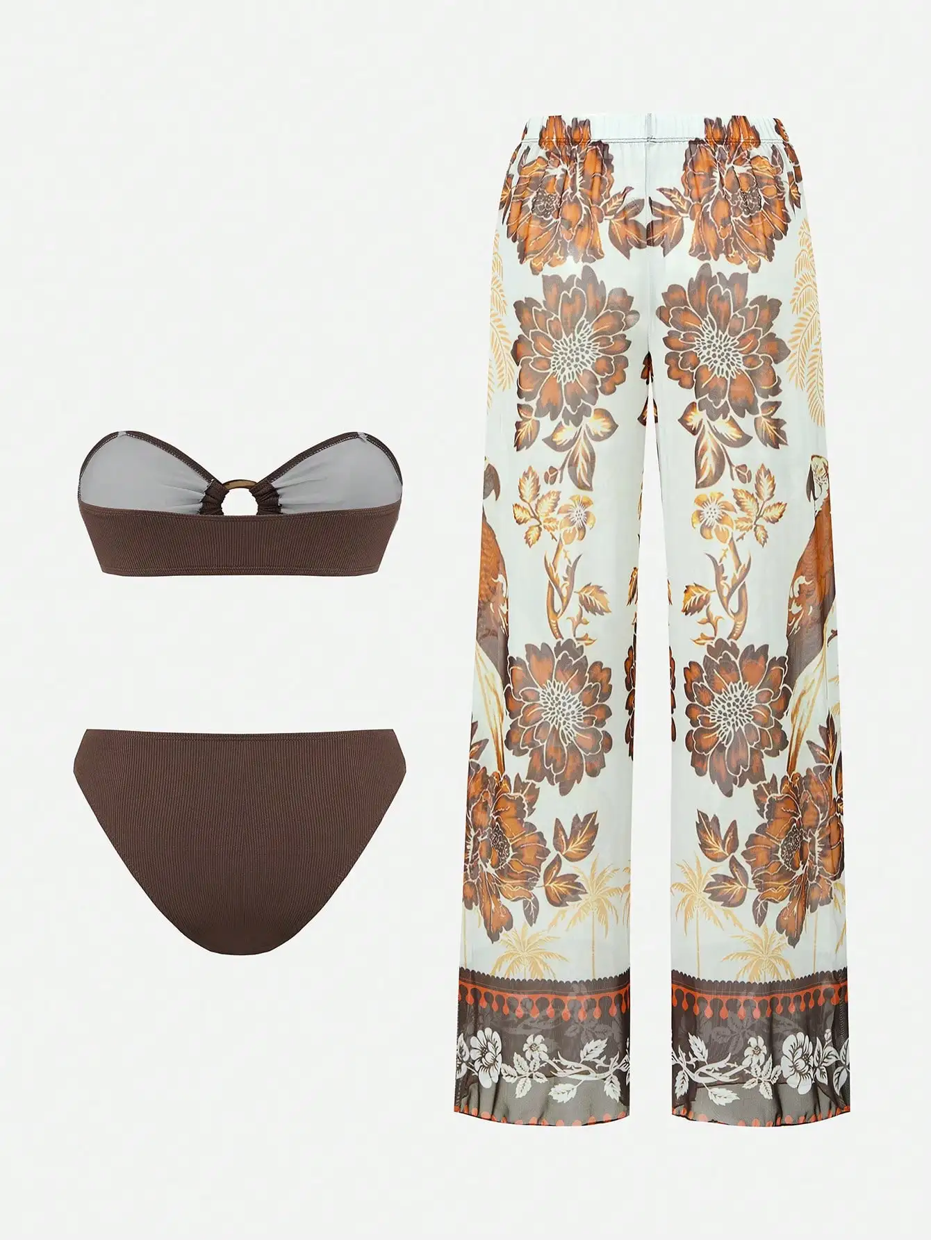 

Женский коричневый комплект бикини с цветочными брюками-накидкой для пляжного отдыха