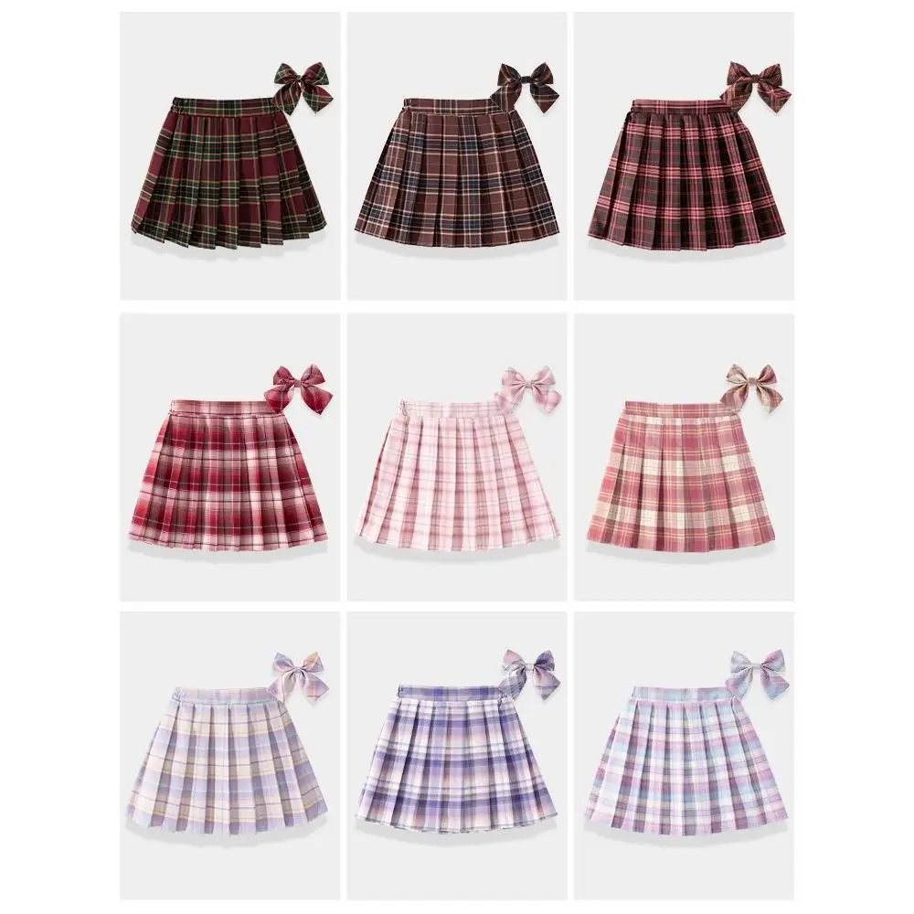 Girls Plaid Checkered Skirt Children Teen College Style Clothing Spring Summer Kids Fashion Striped Pleated Skirt+Bow Tie 3-12 Y