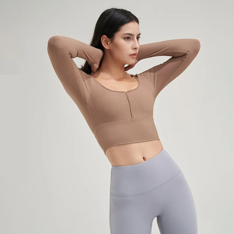 Solid Color Fixed Cup U Collar Fitness Women Sport Long Sleeve Yoga Shirt Top Round Neck Gymt-shirt Comprehensive Training Ribed