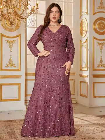 Plus Size Sparkly V-Neck Long Sleeve Sequin Maxi Dress for Formal Evening Events