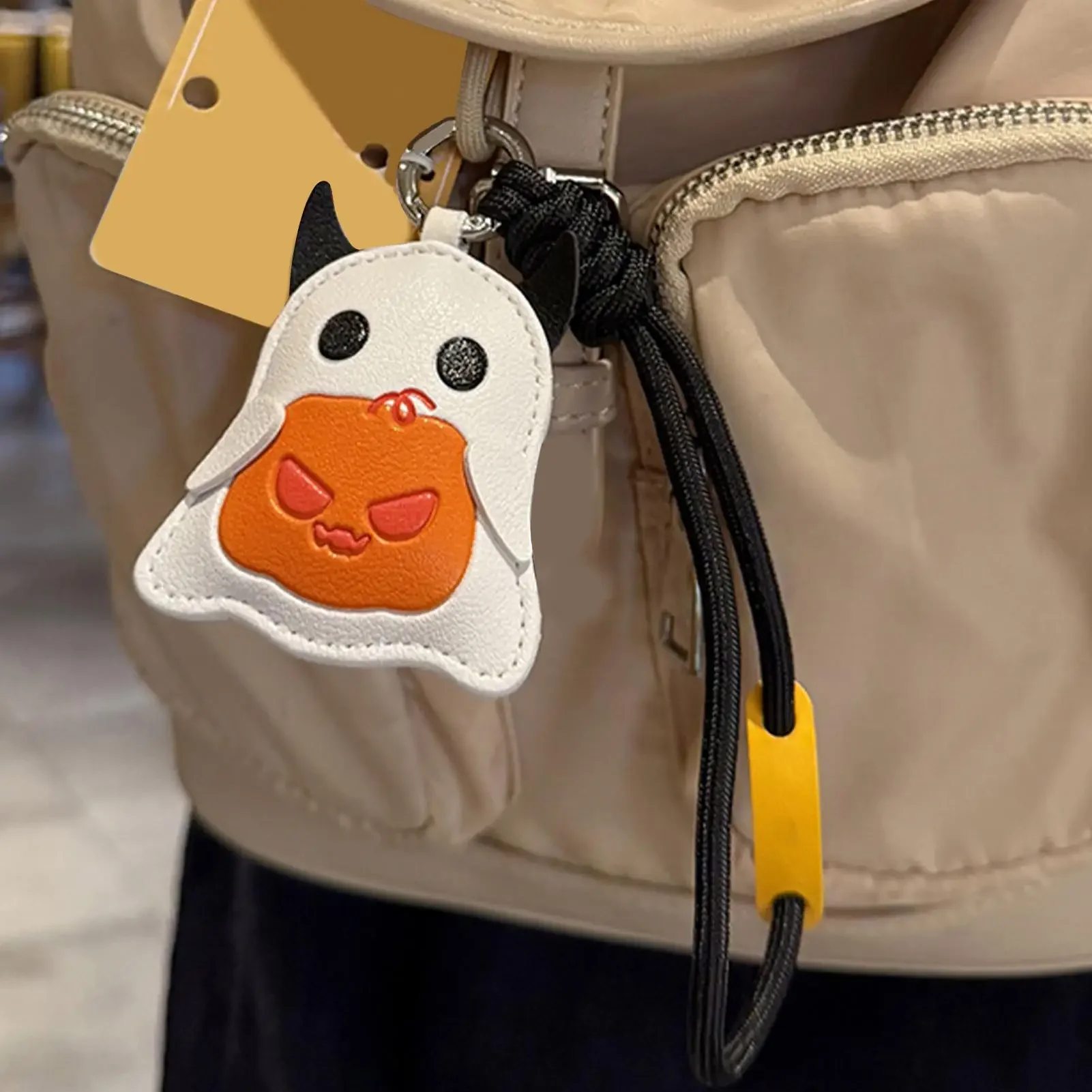 Halloween Keychain PU Leather Bag Charm,Cute Pumpkin Ghost Motif Creative Cartoon Leather Key Holder Decorative Hanging Fitting