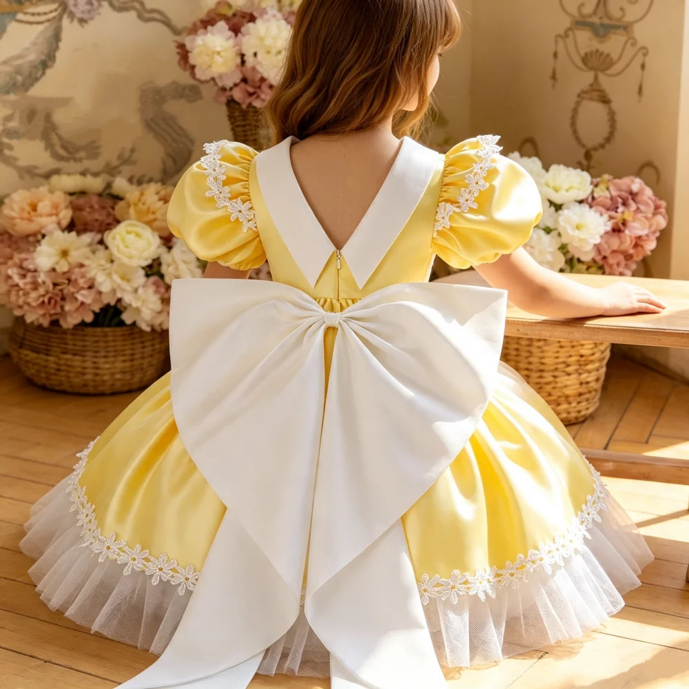 Gelbes Prinzessinnenkleid für Kinder, Tutu, Blumenmädchenkleid, Weihnachtskleid, Kleid für den ersten Geburtstag eines Mädchens