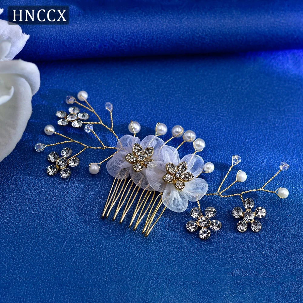 HNCCX Bridal Rhinestone Hair Comb Organza Flower Headpieces Gold Color Hair Accessories Wedding Headwear Pearl Headdress CP151